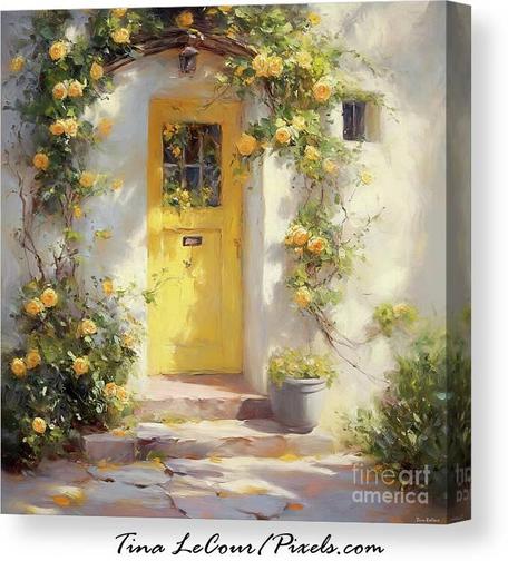 This is a canvas of a pretty yellow cottage door with climing yellow roses all around door, with stone steps and a pot of yellow roses on the steps.