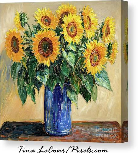 This is a canvas still life of some pretty garden sunflowers in a blue vase on a wooden table.