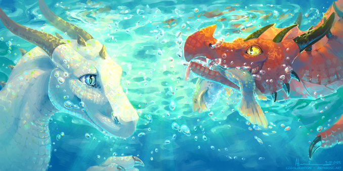 Painted portraits of two dragons, one opalescent white and one red, just under the surface of the water. The red dragon is excitedly showing off a fish he caught!