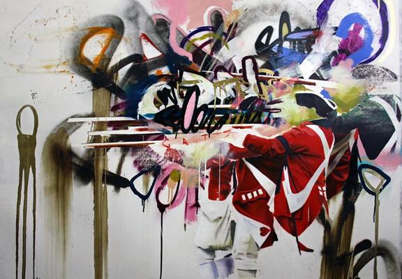 a  painting, it is of british soldiers from  colonial times lined up and aiming muskets, street art scribbles around them