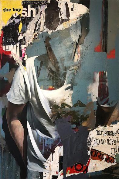 a  surrealist  collage type of composition, a man in a white t-shirt, his hands behind his back, he is faceless, there are torn  pieces of  paper around him, different colors and tones of paint