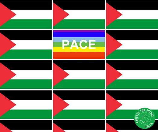 una serie di bandiere della Palestina e in mezzo una bandiera della pace