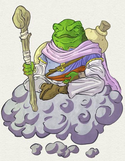 A color illustration of an anthropomorphic frog. He is sitting in a meditative pose, on a floating grey cloud. 
He is short and stout with green skin and is wearing a pink cloak, a blue tunic and a gourd container attached to his back. His right hand is holding a gnarled wooden quarterstaff.
