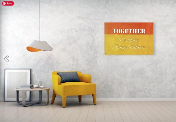 Orange and yellow painting that says "Together We Make Things Happen" by artist Sharon Cummings.