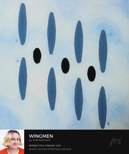 An abstract piece set in a cloudy blue sky, stretched blue ovals fly in formation like the arms on a plane's propellor.
