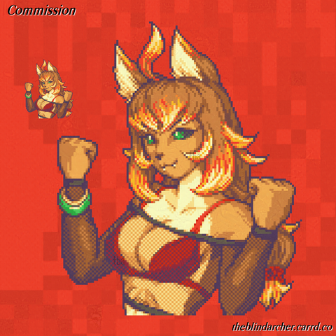 A 16 bit pixel art bust portrait of an anthropomorphic dog character with brown fur and long brown hair with flame colored tips.  She has green eyes with black sclera.  She is posed doing dual fist pumps.  She is wearing a red bikini top under a black fishnet shirt, and has a gold and green bangle on one hand.  The character is a clients OC.