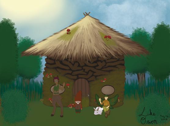 A whimsical illustration features a straw-roofed, mossy house with mushrooms growing from the walls and roof, surrounded by trees. Three characters are present: a tall faun waving, a gnome, and a fairy with wings sitting beside a small winged rabbit with horns. The scene is vibrant and cozy
