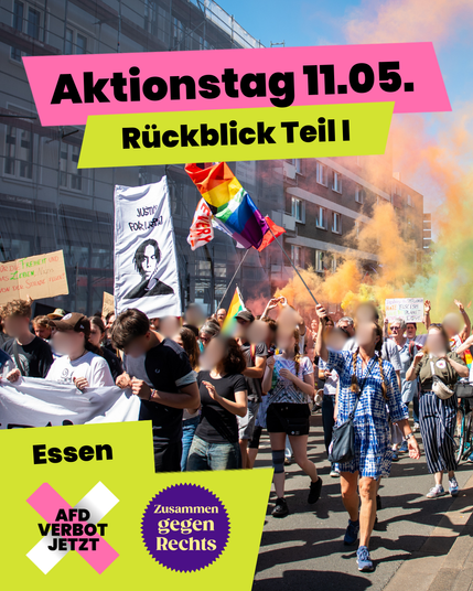 Die Titelfolie hat die Überschrift "Aktionstag 11.05. - Rückblick Teil 1"
Diese ist auf einem Foto der Demo aus Essen abgebildet. Viele Menschen laufen mit Banner, Schildern und Fahnen auf der Straße. Im Hintergrund ist grüner und organener Rauch zu sehen. Unten links in der Ecke des Fotos sind die Logos der Kampagne Menschenwürde verteidigen - AfD-Verbot Jetzt und Zusammen gegen Rechts abgebildet.