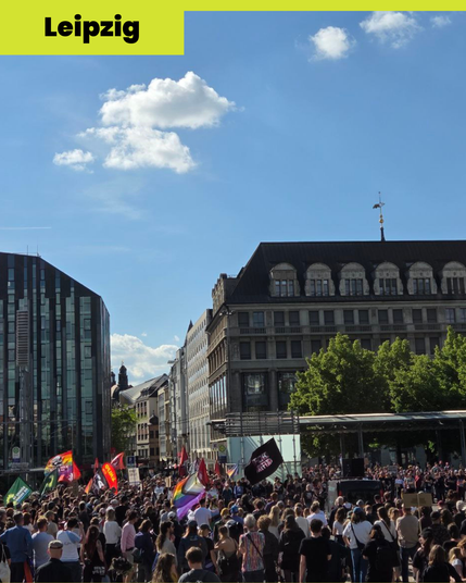 Ein Foto des Demozugs aus Leipzig. In der Menschenmenge sind viele verschiedene Flaggen zu sehen, unter anderem eine Progressive Pride Flagge und eine FCK AFD Flagge.
