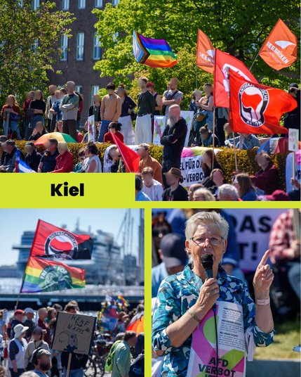 3 Fotos der Kundgebung aus Kiel. Auf dem ersten Foto sind sitzende und stehende Menschen zu sehen. Einige von ihnen haben Schilder und Flaggen. Auf dem zweiten Foto sind verschwommen Menschen zu sehen. Der Fokus liegt auf einem Demoschild "Kekf statt Nazis". Im Hintergund sind die Kieler Förde und Schiffe zu sehen. Das dritte Foto zeigt eine Großaufnahme einer Rednerin. Sie hat ein Mikrophon in der Hand und ein AFD VERBOT JETZT FAQ-Schild vor dem Oberkörper hängen.
