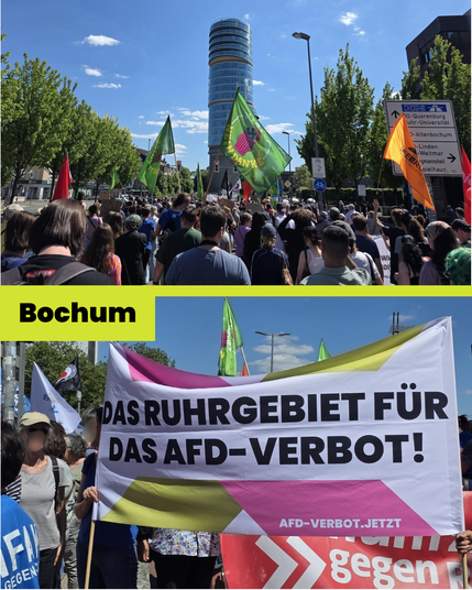 2 Fotos des Demozugs in Bochum. Das erste Foto zeigt den Demozug von hinten. Die Strße ist vor Menschen kaum erkennbar. Einzelne Fahnen sind zu sehen. Das zweite Foto zeigt eine Nahaufnahme des Banners "Das Ruhrgebiet für das AfD-Verbot!". Im Hintergrund sind weitere Banner, Flaggen und Menschen zu sehen.