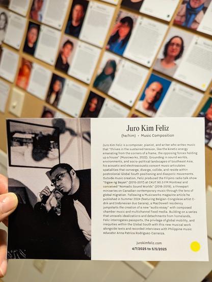 A postcard-sized info card with my printed name, pronouns, discipline, website, duration of stay at MacDowell, short bio, and a description of my planned activities while in residence there.