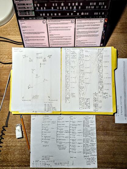 Some spatial diagrams and formal structure sketches I wrote for an upcoming audio essay + live music piece.
