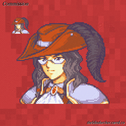 A 16 bit pixel art portrait of an androgynous person with fair skin, brown eyes, and very dark brown hair.  They are wearing a red cavalier's cap with a large black feather, and silver armor over a red cloak with a white cravat.  The cravat is held in places with a butterfly brooch with a red gem at its center, and they are wearing half-moon glasses.  The character is a client's original character made for the setting for Fire Emblem: Three Houses.