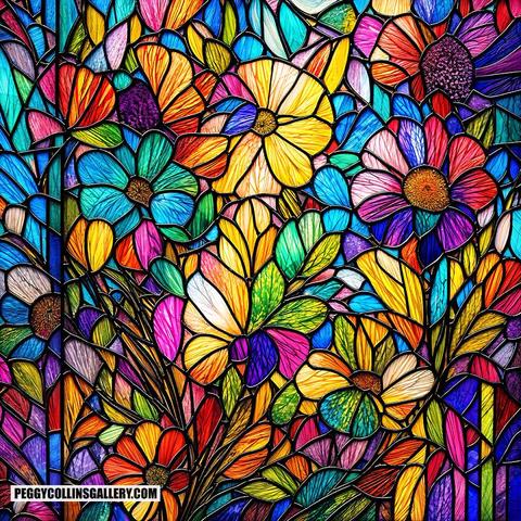 Colorful artwork of an abstract summer flower garden, by artist Peggy Collins.