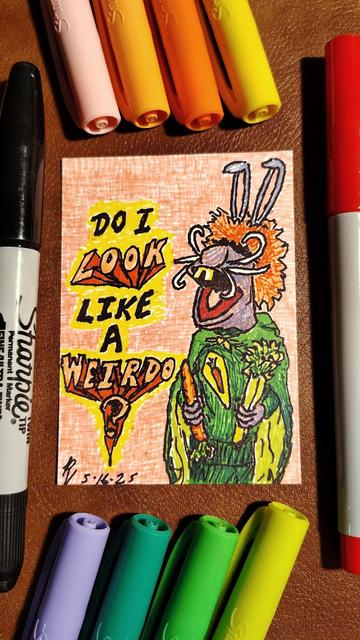 Marker drawing of "Sesame Street" character Captain Vegetable. He is a lavender rabbit Muppet with big rabbit-like ears, whiskers, and front teeth, a head of wild orange hair, and a green superhero costume with a carrot insignia on his chest and a green cape draped over his shoulders. He clenches a carrot and a bundle of celery in his hands, while screaming the comic-style text, "Do I look like a weirdo?". The drawing is signed with my "RV" signature glyph and dated 5-16-25. The pink, light and dark orange, yellow, purple, three shades of green, red, and black markers used to draw the image rest on the table surrounding the card.
