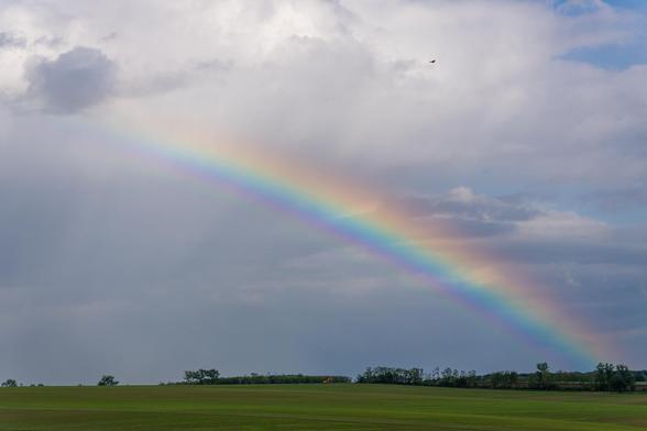 Ein Teil eines Regenbogens - der Rest hinter den Wolken versteckt. Sehr farbstark. Weiße Wolken, blauer Himmel, davor grüner Acker. Sonst nix.