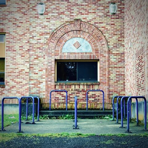 Blue, metal bike racks form mostly symmetrical leading lines to a building's windowed brick wall of reds, yellows, and greens under outdoor overcast lighting.