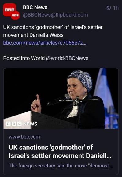 UK sanctions 'godmother’ of Israel's settler movement Daniella Weiss 
 Posted into World @world-BBCNews