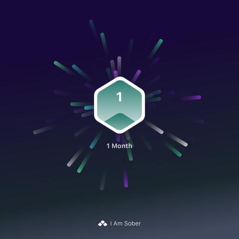 screenshot from the I Am Sober app showing a hexagon with particles shooting out from it in various directions and the number 1 inside it. below it it says “1 Month”