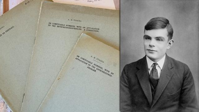 On the left, a picture of old documents written by Alan Turing. On the right, a black and white portrait of Turing.