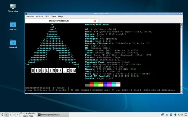 Screenshot of Arch Linux with the LXQt desktop environment showiing the QTerminal app with an output of the fastfetch and uname -a commands.