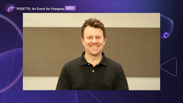 A man with a blurred face is standing in front of a beige and brown background. He is wearing a black polo shirt. The image has a purple border with the text 'POSETTE: An Event for Postgres 2025' in the top left corner
