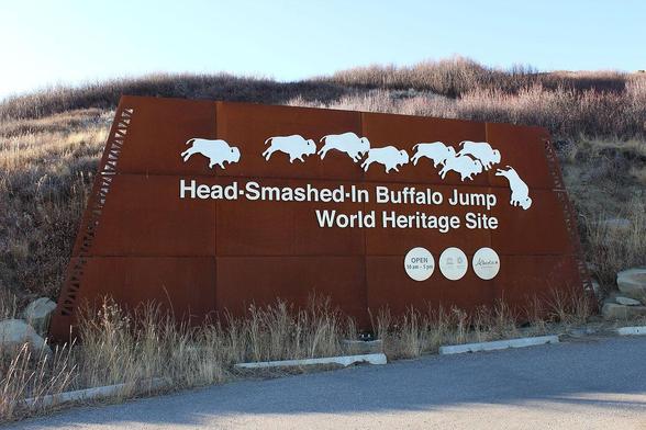 The sign for the Head-Smashed-In Buffalo Jump world heritage site. It has buffalo jumping.