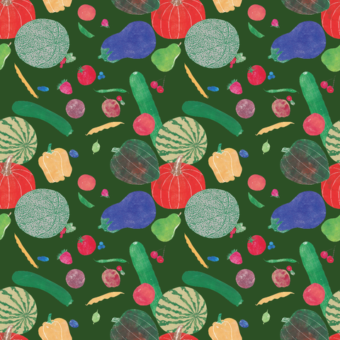 As described this is a repeat pattern with scattered Lino block printed fruits and vegetables on a sage green background. 

They include cranberry, eggplant, green bean, apricot, field cucumber, blueberries (both low and high bush), gooseberry, plum, raspberry, pole bean, haskap, pumpkin, peach, watermelon, sour cherry, cantaloupe, currents, kidney bean, zucchini, apple, snap bean, acorn squash, blackberry, pear and in the centre: tomato, yellow pepper and strawberry.