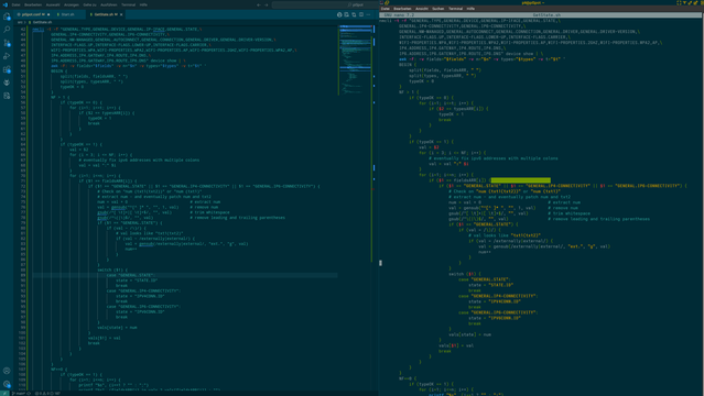 Zusehen ist ein Screenshot.

Auf der linken Seite ist VScode, auf der rechten ein Terminal mit Nano.

In beiden Editoren ist der gleiche Quellcode geladen.

Links erscheint es fast einfarbig. Rechts ist alles so bunt wie man es von modernen Editoren, als Sehender, gewohnt ist.