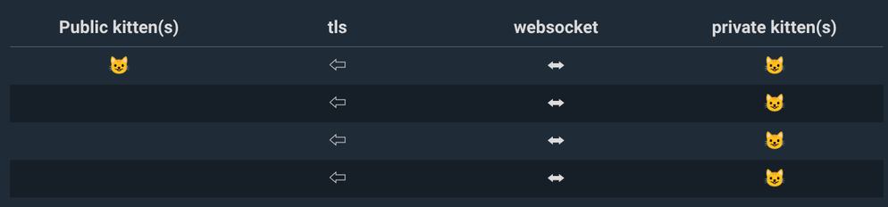 This table
| Public Kitten(s) | tls | websocket | private kitten(s)

Then, the cells imply one public kitten has many private kittens connect into it through tls, but the connection contains a bidirectional websocket (hence kitten federation)