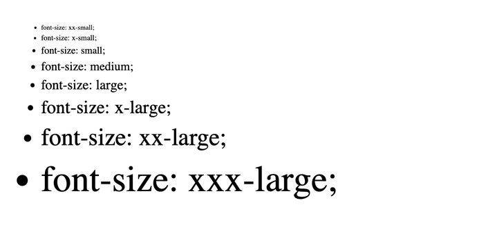 All the absolute font sizes in a list saying `font-size: x-large` (where the size differs for each line)