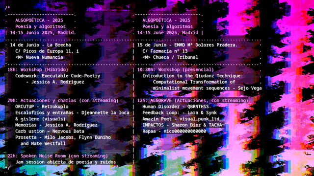cartel del evento: fuente monoespaciada con un fondo de visuales de hydra. El texto se encuentra en HTML en el enlace provisto en el post.