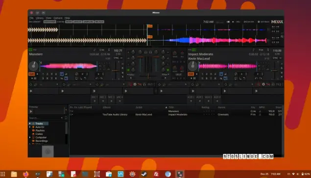 Screenshot of Mixxx showing the main window while mixing audio tracks.