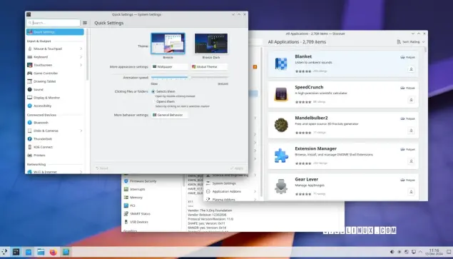 Screenshot of the KDE Plasma desktop environment showing various KDE apps like Info Center, Discover, and System Settings.