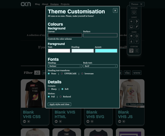 My personal website with a popup named "Theme Customisation" listing a bunch of options of colour and fonts.