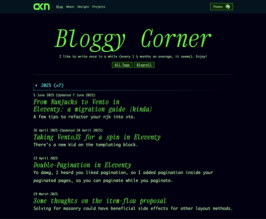 A customised version of my site which is dark blue with bright green text, using a monospace font throughout. It's not the Matrix, but as close as you can get.