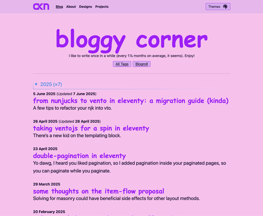 A customised version of my site which is uses a light pink background and saturated pink as a text colour. It uses Comic Sans for headings, making it feel like a bubble gum universe of sorts.