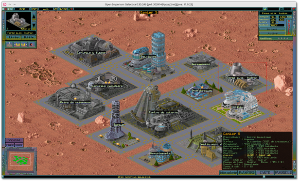 🕶️ A view of its UI (on my PC) with a colony being set up on a planet (center 5, with a Martian look) and some buildings being upgraded (1 to 5 stars max). The fusion power plant will have provided the energy needed to operate all the buildings (the nuclear power plant will not have been sufficient). The menus and reports are extensive and complete. An excellent game!

📚️ Open Imperium Galactica is an improved, libre (for the code) / free (for the data, courtesy of Hungarian studio Digital Reality), multi-platform and autonomous (data derived from Digital Reality's game) clone of Imperium Galactica, a 4X RTS released in 1997, and set in the 4th millennium. The player's task is to rebuild the human empire, starting out as a young lieutenant and progressing (along with his fleet) with success, until he becomes Grand Admiral. The game mixes ground and space combat, colony building and resource management with a vast research tree.