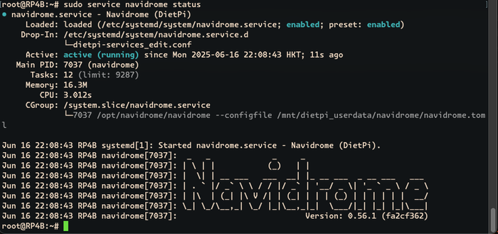 Screenshot of terminal window showing Navidrome's service status on a Rasperry Pi running DietPi OS.