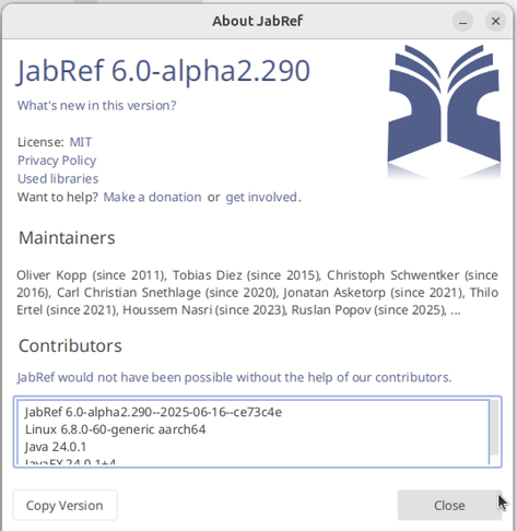 Screenshot showing JabRefs about dialog and the linux version and architecture aarch64