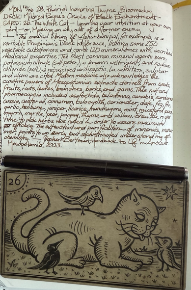 Open notebook with handwritten text from the post at the top of the page with additional text: “The medical library of Ashurbanipal, for exam- ple, is a veritable Physician’s Desk Reference, listing some 250 vegetable substances and some 120 mineral ones with ascribed medicinal properties. The most common mineral agents were potassium nitrate (or saltpeter), a known astringent, and sodium chloride (or salt), a recognized antiseptic. In addition, sulphur and alum are cited. Modern medicine also acknowl- edges the curative powers of many Mesopotamian extracts derived from seeds, fruits, roots, leaves, branches, barks, and gums. This natural pharmacopeia included asafoetida, belladonna, cannabis, cardamon, cassia, castor oil, cinnamon, colocynth, coriander, date, fig, fir, garlic, henbane, juniper, licorice, mandragora, mint, mustard, myrrh, myrtle, pear, poppy, thyme, and willow. Even the right time to pick herbs was noted in order to assure their maximum efficacy. The extraction and purification of minerals, moreover, points to an early but sophisticated understanding of chemistry.” — Stephen Bergman, Handbook to Life in Ancient Mesopotamia, 2003. Below the text is a brown fountain pen with silver trim and a large landscape format card of a cat making friends with three birds.