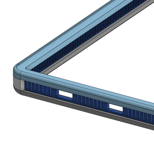 CAD render of case for DIY 7" tablet, showing a top frame and bottom frame, joined by sides and corners. The sides feature holes for USB and ventilation.