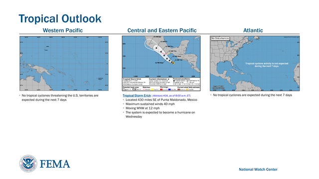 Tropical Outlook 
▪No tropical cyclones are expected during the next 7 daysAtlantic Central and Eastern Pacific Western Pacific
National Watch Center
Tropical Storm Erick : (Advisory # 3A, as of 8 :00 a.m. ET)
▪Located 430 miles SE of Punta Maldonado, Mexico
▪Maximum sustained winds 40 mph
▪Moving WNW at 12 mph 
▪The system is expected to become a hurricane on 
Wednesday▪No tropical cyclones threatening the U.S. territories are 
expected during the next 7 days