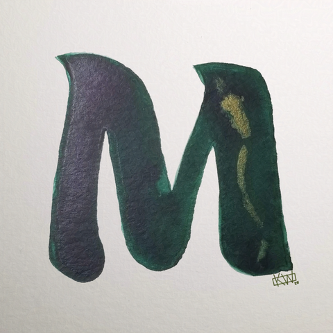 Watercolor of upper case letter M in a lovely shade of green with gold swirls.