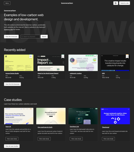 A screenshot of the lowwwcarbon website homepage with examples of low-carbon websites.