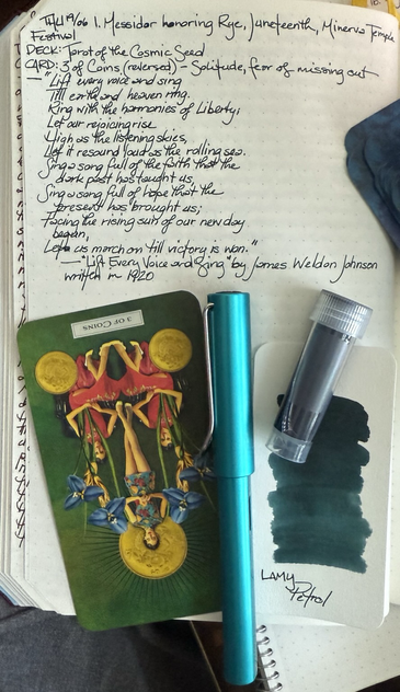 Open notebook with handwritten text from the post at the top of the page with additional text: “Lift every voice and sing/ Till earth and heaven ring./ Ring with the harmonies of Liberty;/ Let our rejoicing rise/ High as the listening skies,/ Let it resound loud as the rolling sea./ Sing a song full of the faith that the dark past has taught us,/ Sing a song full of the hope that the present has brought us;/ Facing the rising sun of our new day begun,/ Let us march on till victory is won.” — “Lift Every Voice and Sing” by James Weldon Johnson written in 1920, aka the Black National Anthem. Below the text is a card with a collage of three women with 1920 Marcel wave hairstyles wearing cheongsams. Two in red dresses are seated with a coin beneath them and the third is standing as if on the arms of their chairs forming a pyramid and is crowned by the third coin. Four enormous looking irises are being held by the two seated women. Next to the card is a turquoise colored pen with a swatch of dark teal ink and a sample tube of the same.