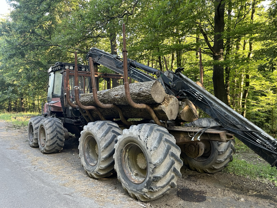 Close-up of the machine. 4 axles of very heavy wheels, crane for loading logs. Oil leaking in the back.