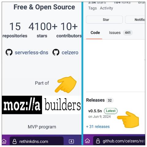 Screenshots von der Rethink Website mit dem Mozilla Logo und Screenshot von github, der das Datum des letzten Release zeigt