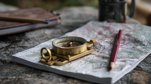 A magnetic compass and a red pencil lying on a terrain map